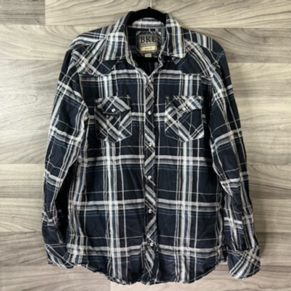 BKE Button-Up Shirt Mens Large Navy Blue Plaid Long Sleeve Slim Fit Shirttail